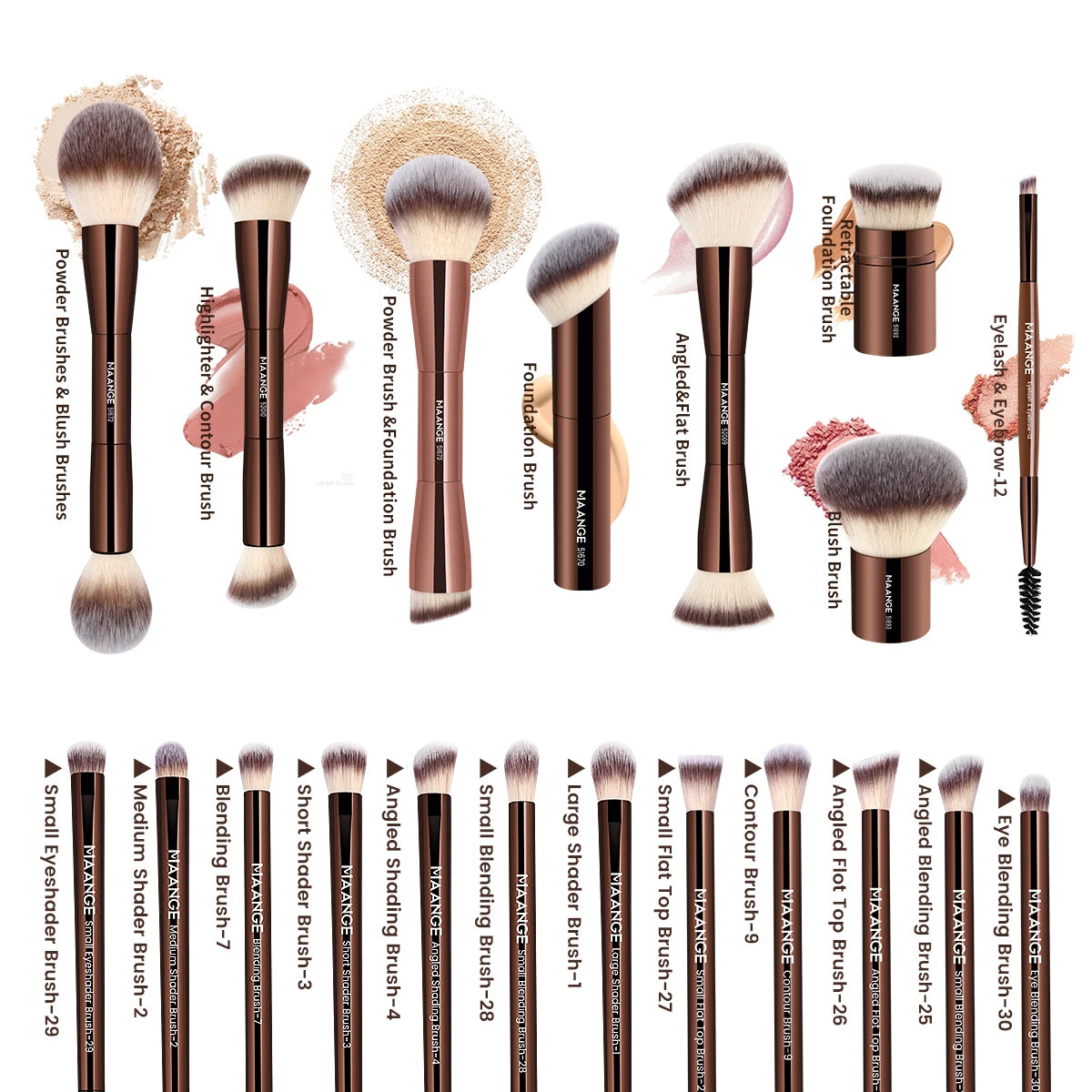 Set of makeup brushes with labels on a white background