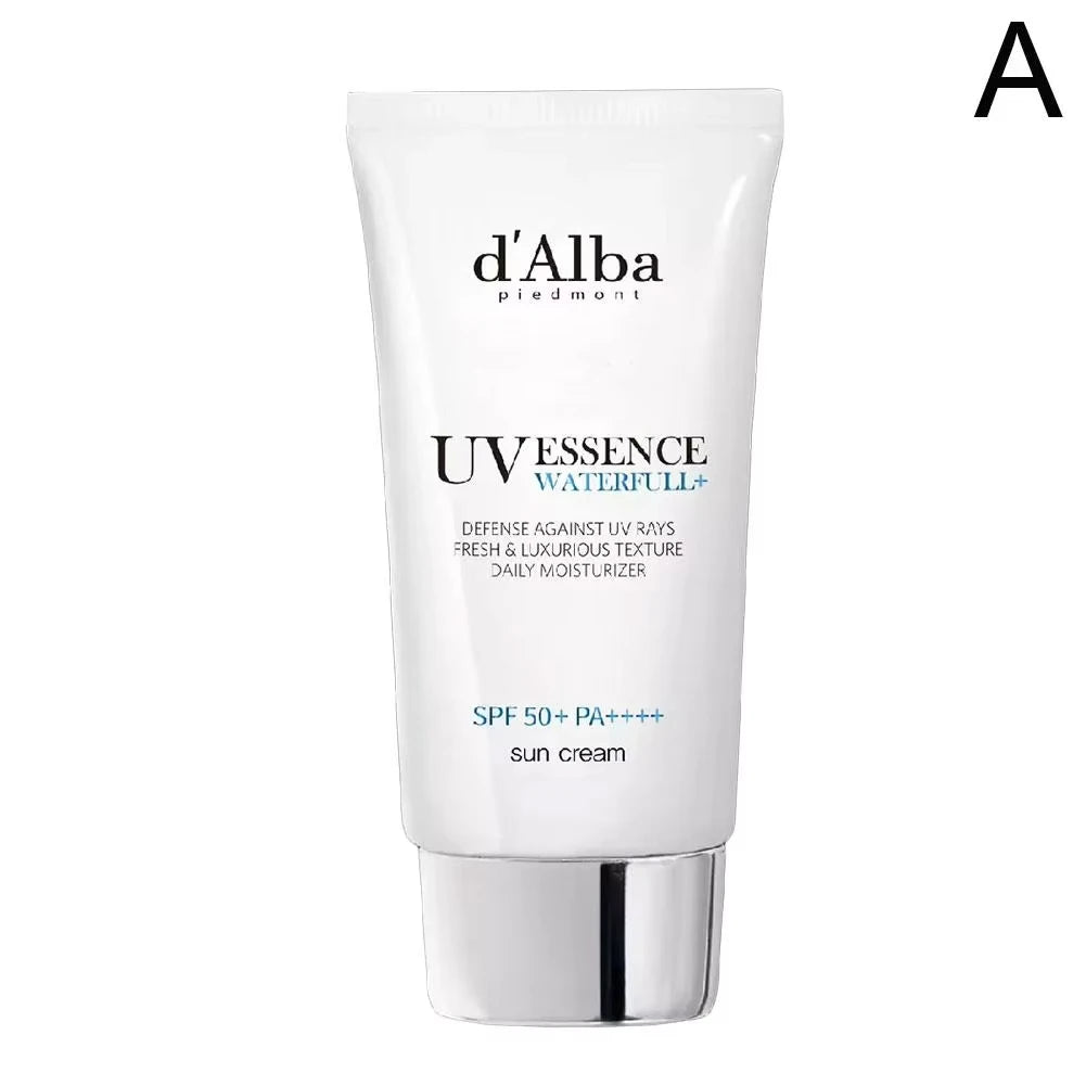 d'Alba UV Essence Waterful sun cream tube on a white background