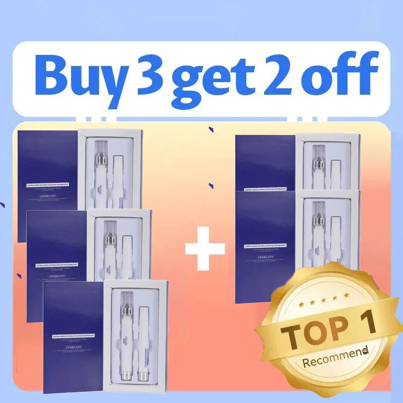 Product packaging with promotional text 'Buy 3 get 2 off' and a gold badge labeled 'Top 1 Recommend' on a gradient background.