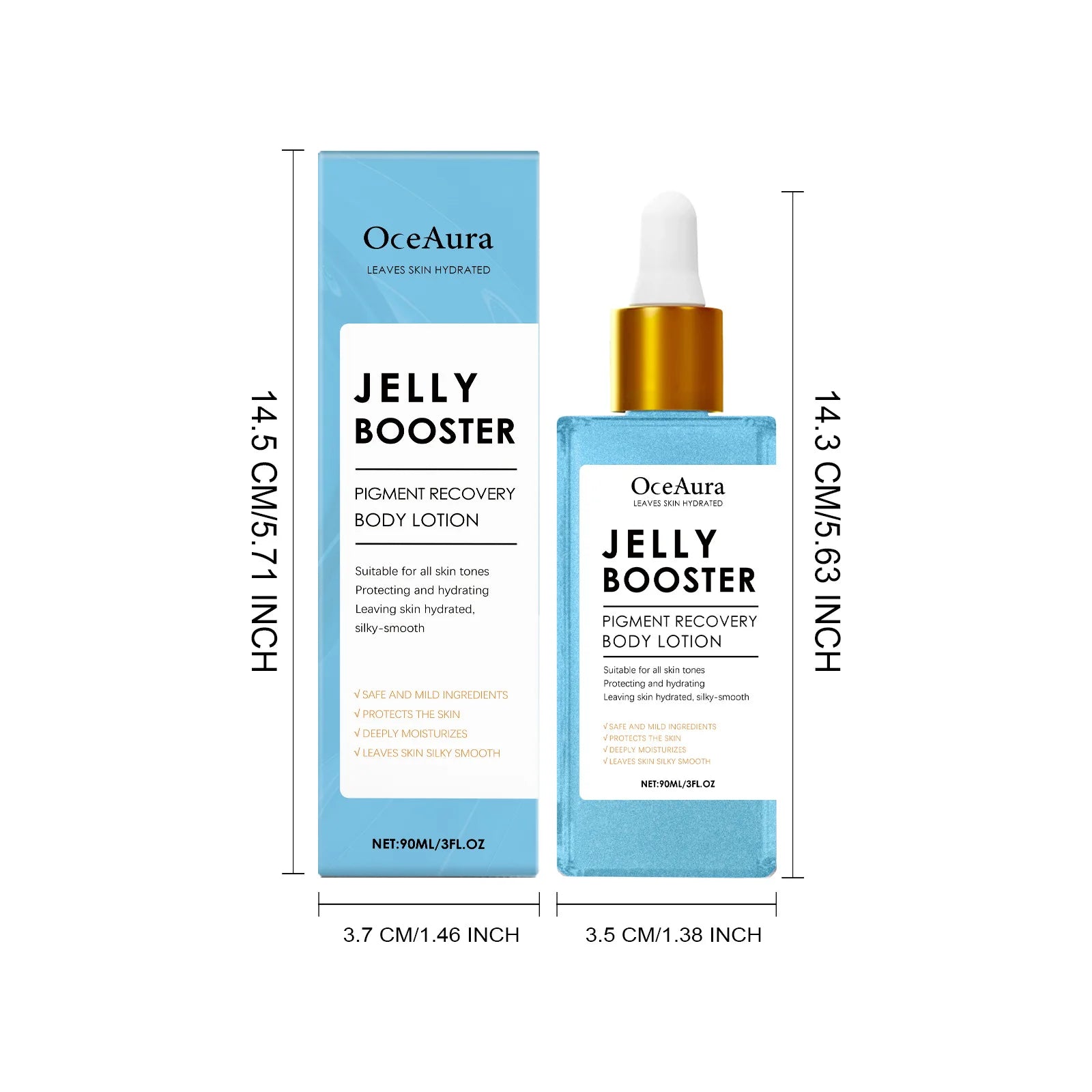 OceAura Jelly Booster Pigment Recovery Body Lotion with packaging dimensions on a white background