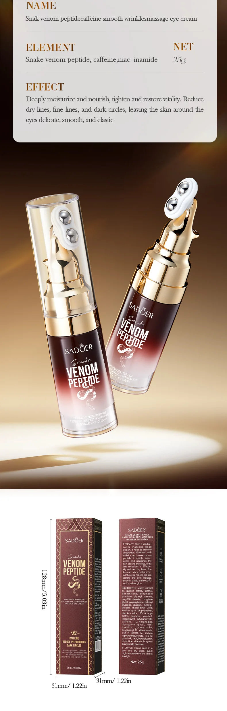 Snake Venom Eye Cream with Roller Ball – Anti-Wrinkle & Caffeine Eye Serum