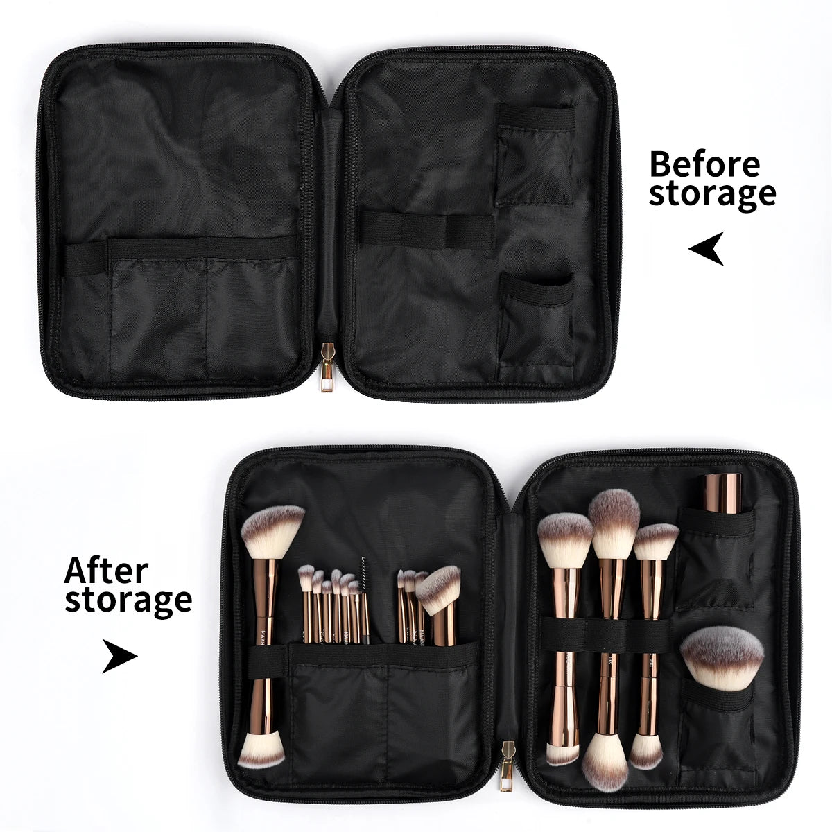 Makeup brushes in a black storage case before and after storage on a white background