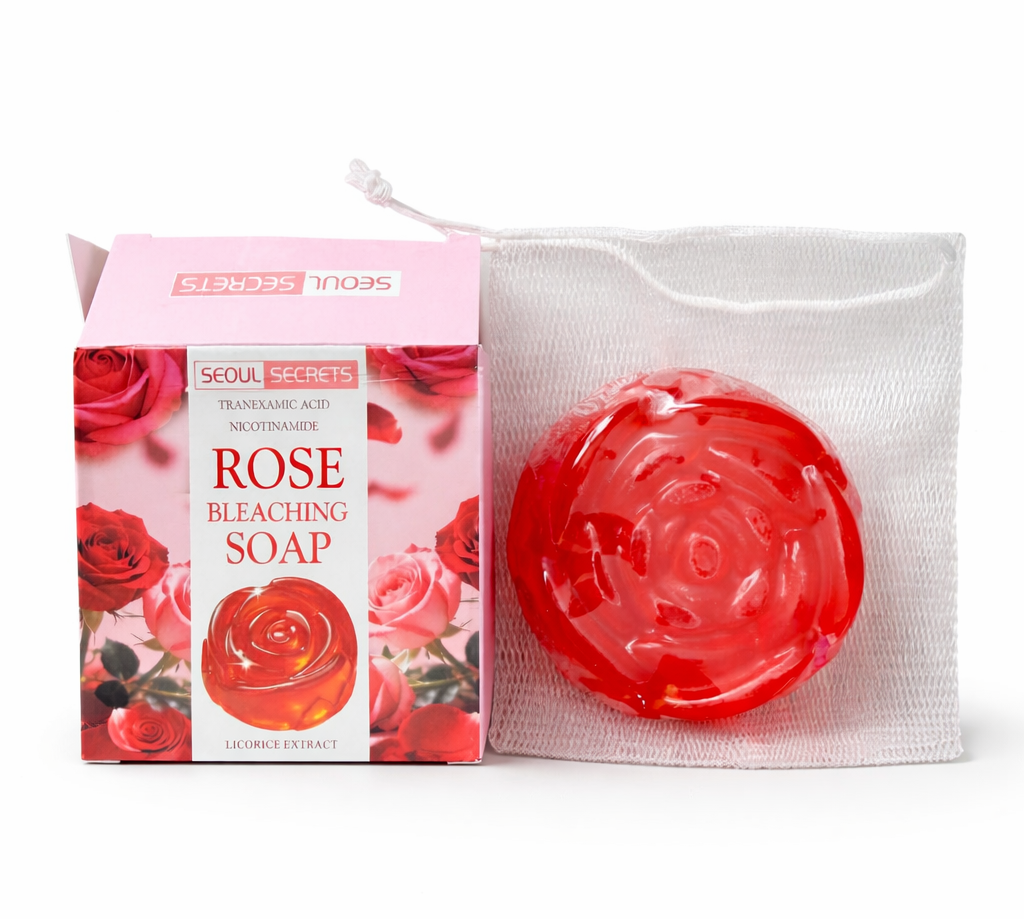 Red rose-shaped soap with packaging on a white background