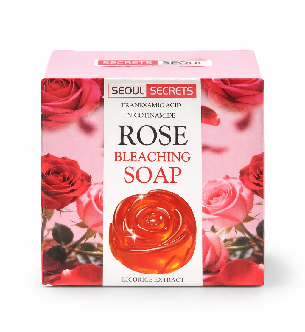 Box of Seoul Secrets Rose Bleaching Soap with red roses on a white background