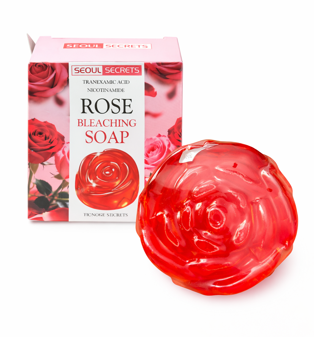 Rose-shaped soap with packaging featuring roses on a white background