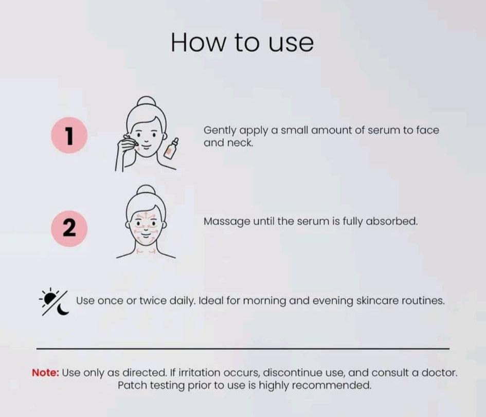 Instructions on how to use a skincare serum with illustrations and text.