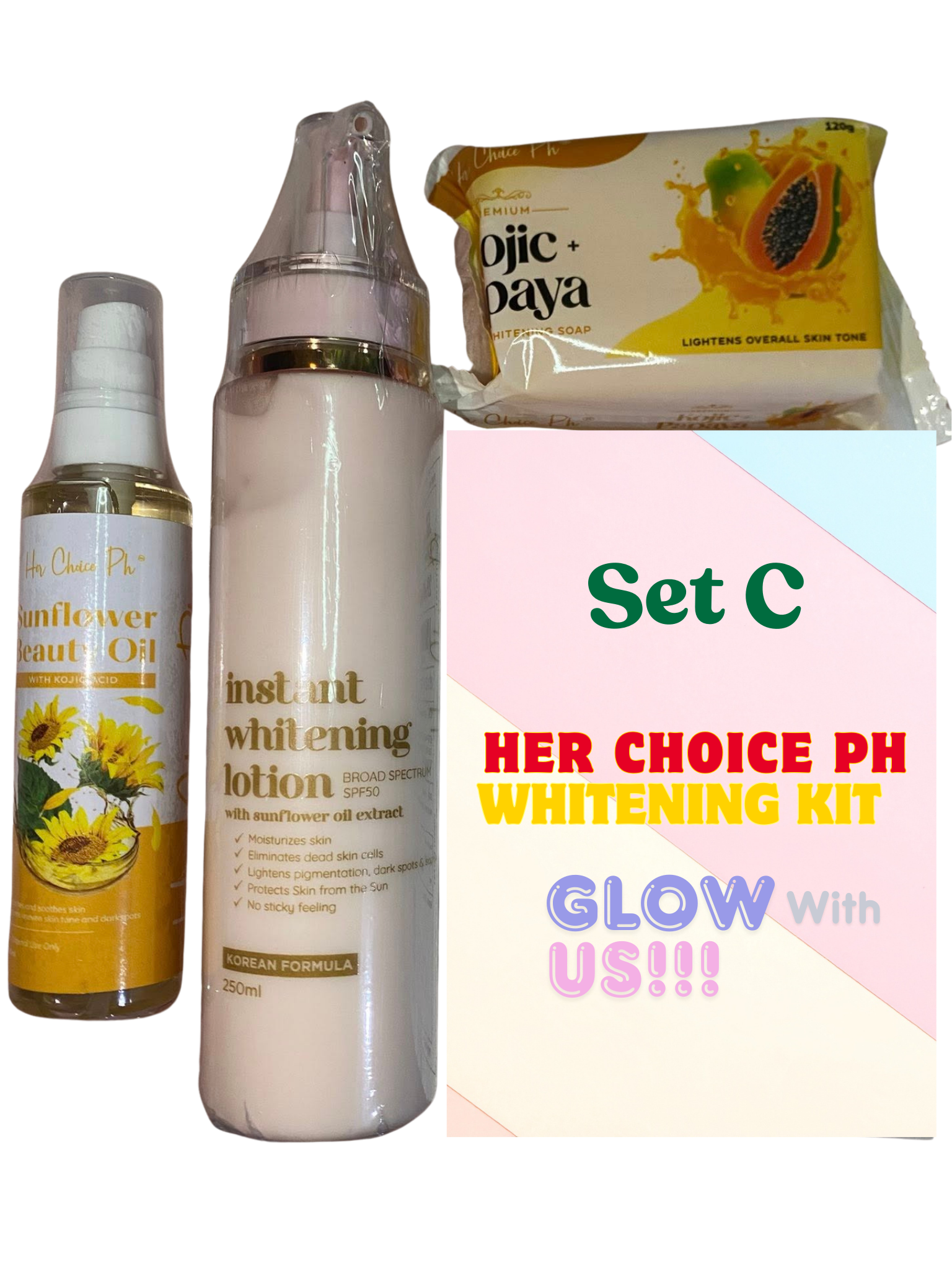 Set C Her Choice PH Whitening Kit with lotion, spray, and soap on a white background