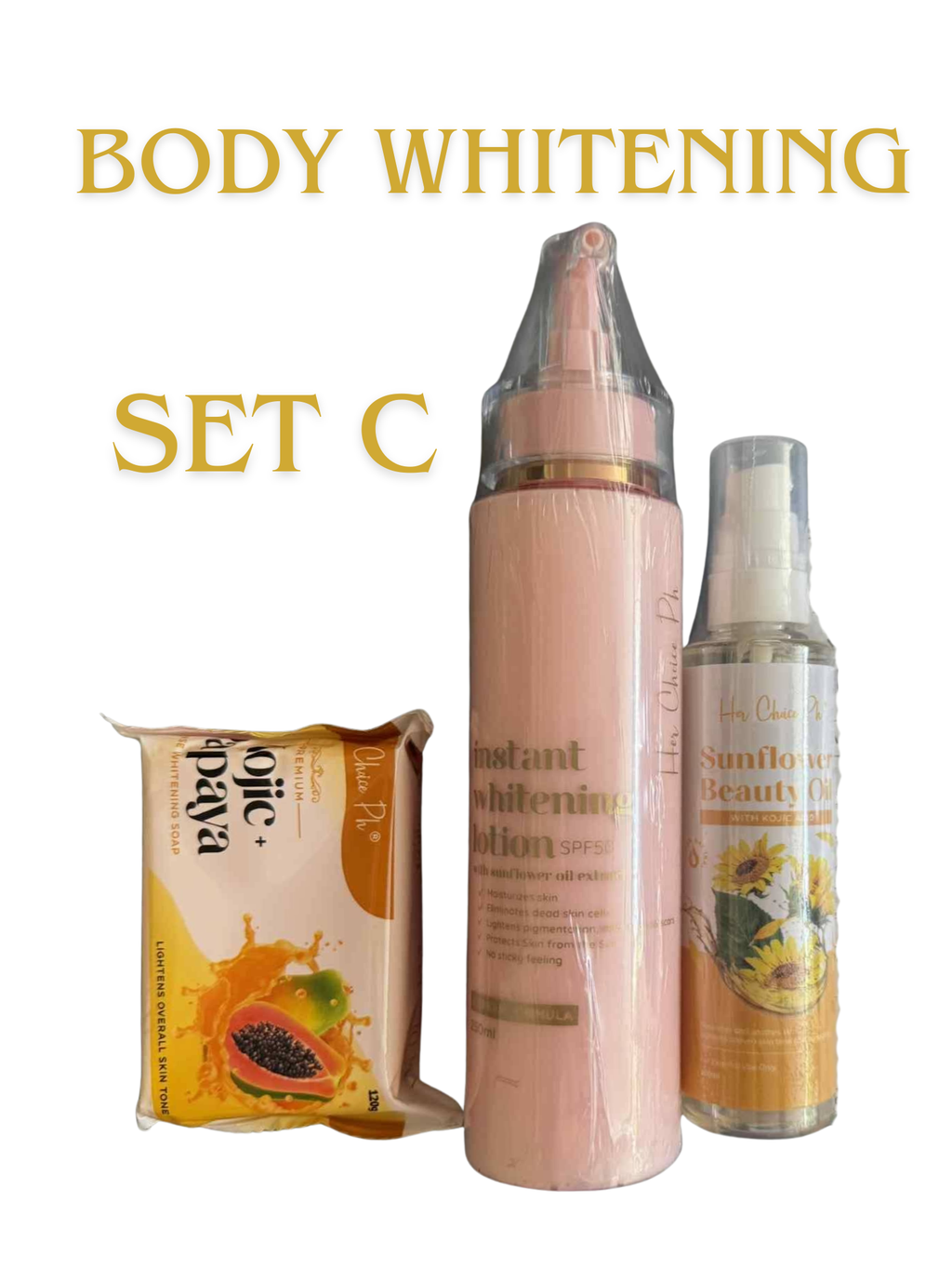 Her Choice PH Set C Whitening Body Oil, Body Lotion and Intense Kojic Papaya Soap 120g