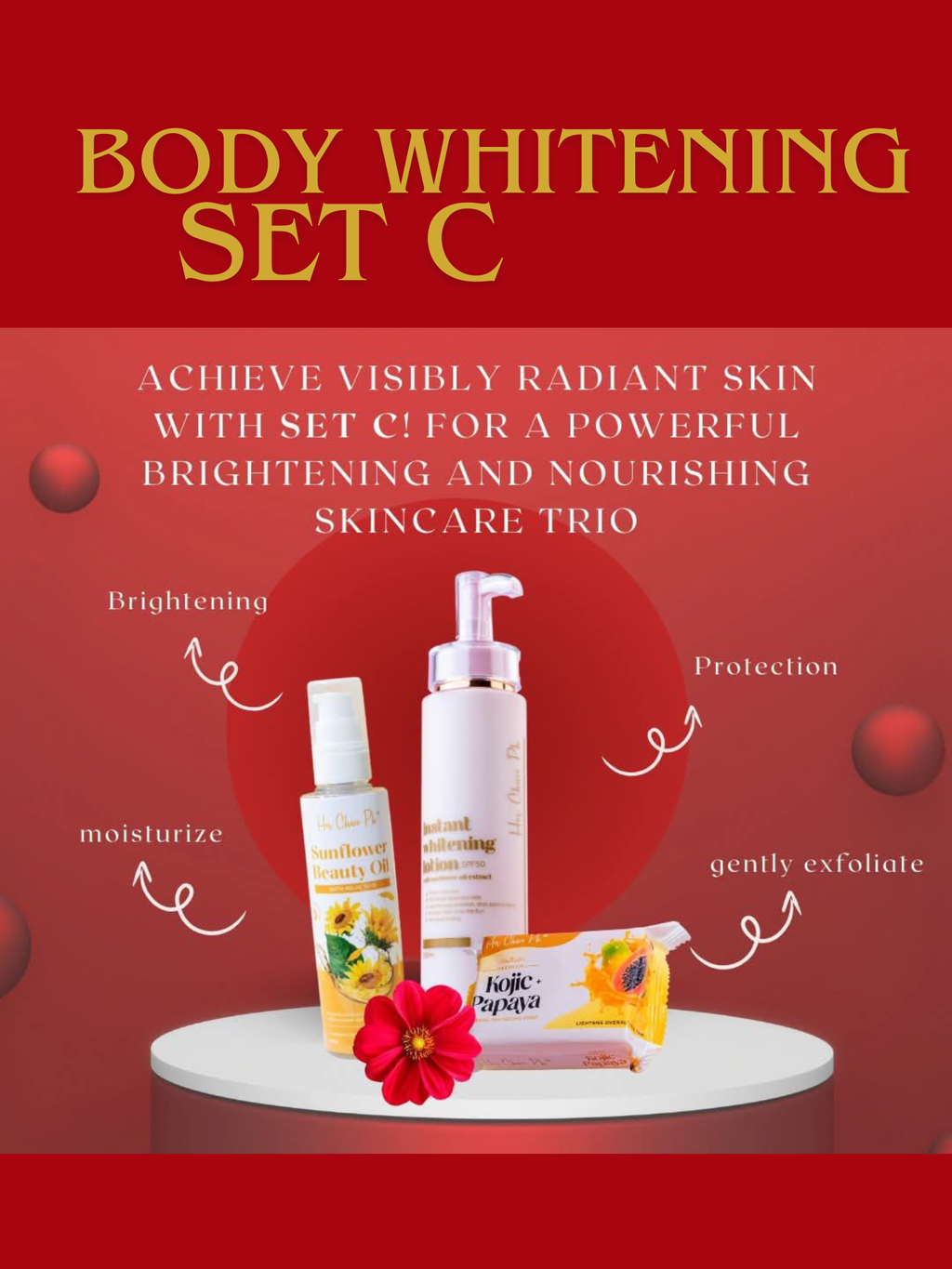 Promotional image of a body whitening set with skincare products on a red background