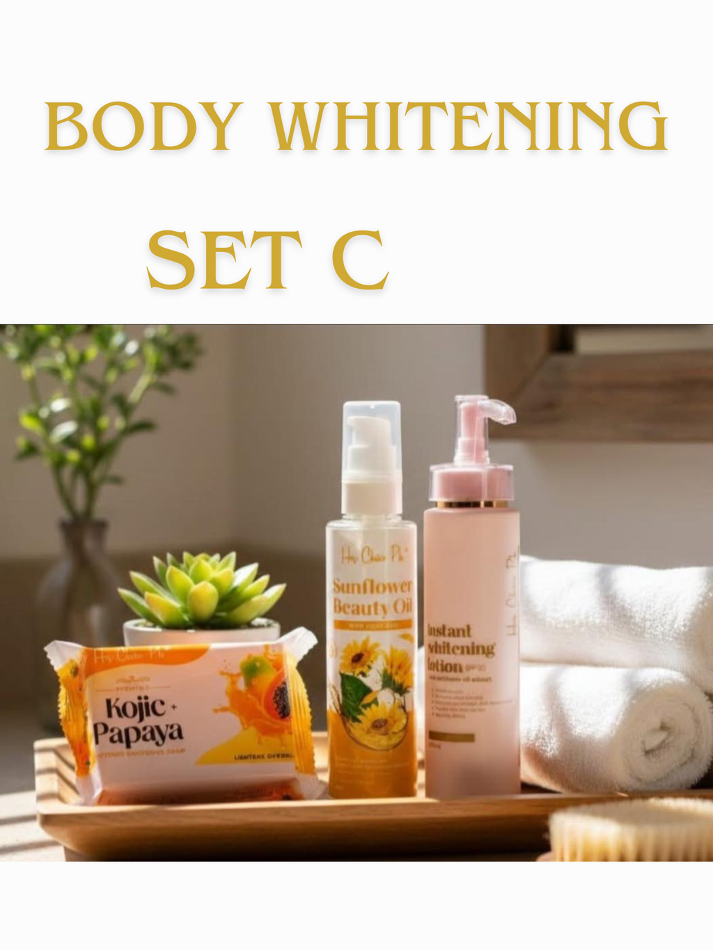 Body whitening product set with bottles and a towel on a wooden tray, featuring text 'BODY WHITENING SET C'.