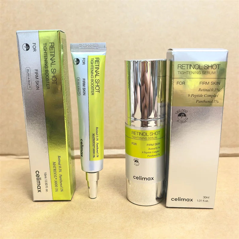 Celimax Retinol Shot skincare product set on a beige background