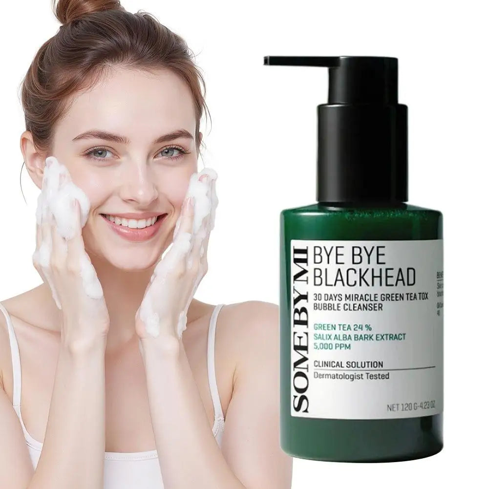 Woman washing her face with a bottle of 'SOME BY MI Bye Bye Blackhead' cleanser.
