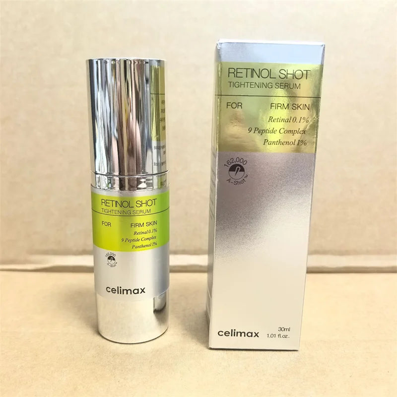 Retinol shot tightening serum with packaging on a beige background