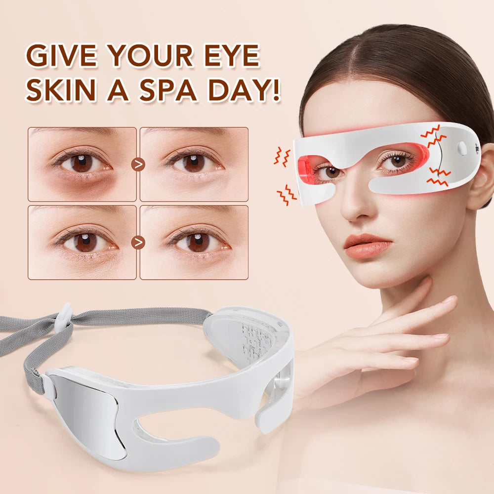 Woman wearing an eye mask with text 'Give your eye skin a spa day!' on a beige background