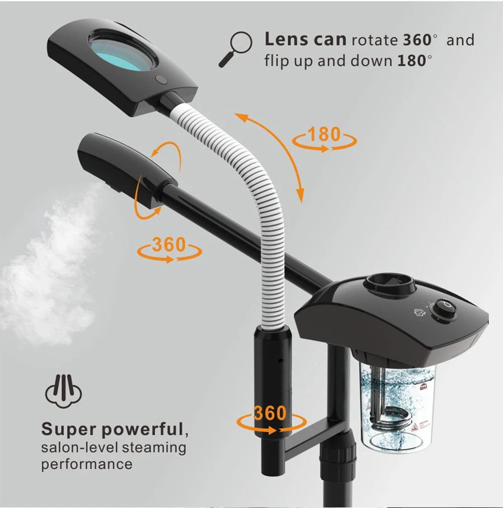 Black hair steamer with flexible neck and control panel on a gray background