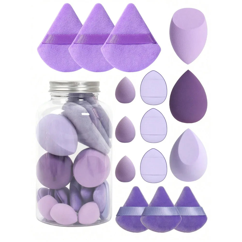 purple makeup sponge blender with triangle powder puff and mini finger powder puff in a jar