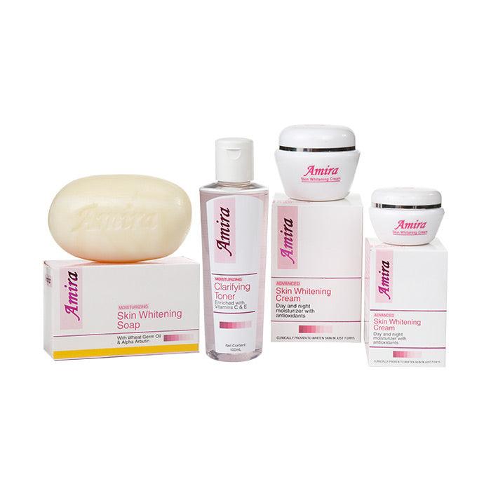 Amira skincare products including soap, toner, cream, and gel on a white background