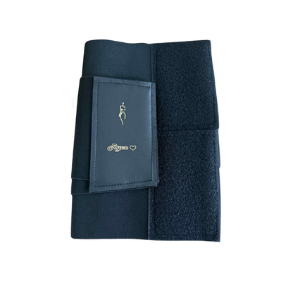 Navy blue equestrian bandage with a brand logo on a white background