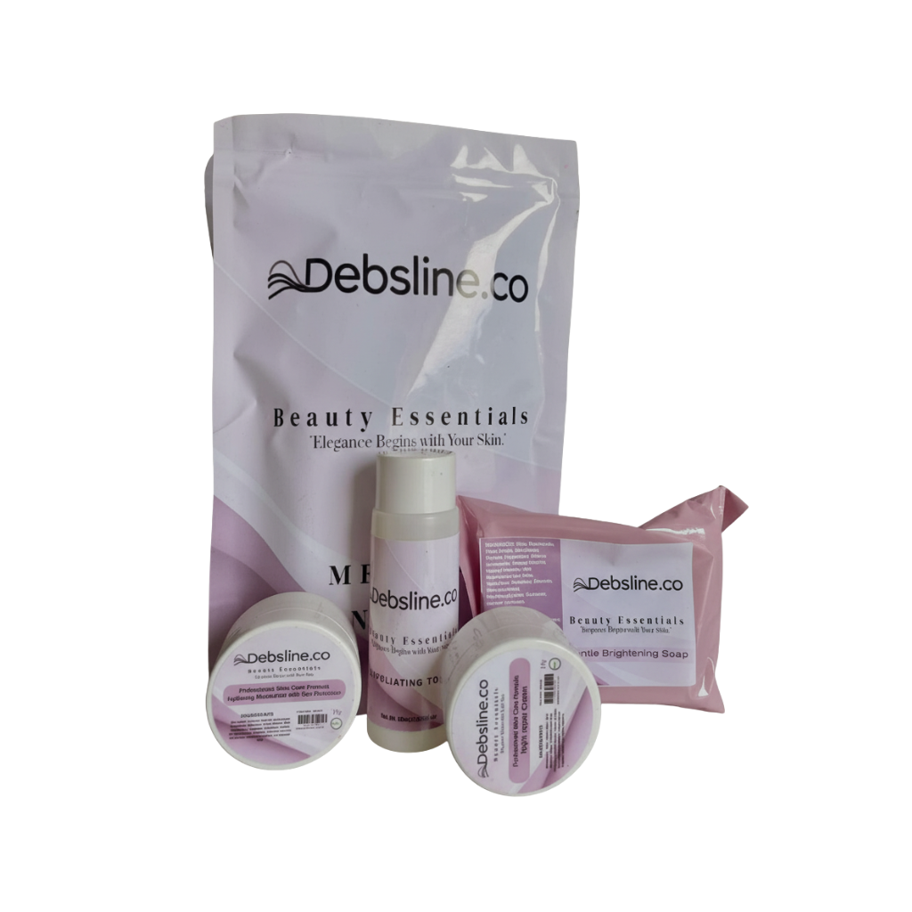 Debsline.co beauty products including a bag, bottles, and containers on a white background