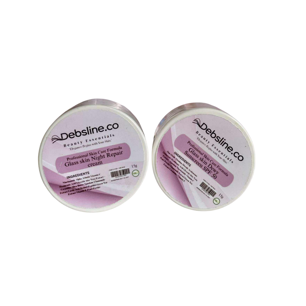 Two containers of Debsline.co glass skin night repair cream on a white background