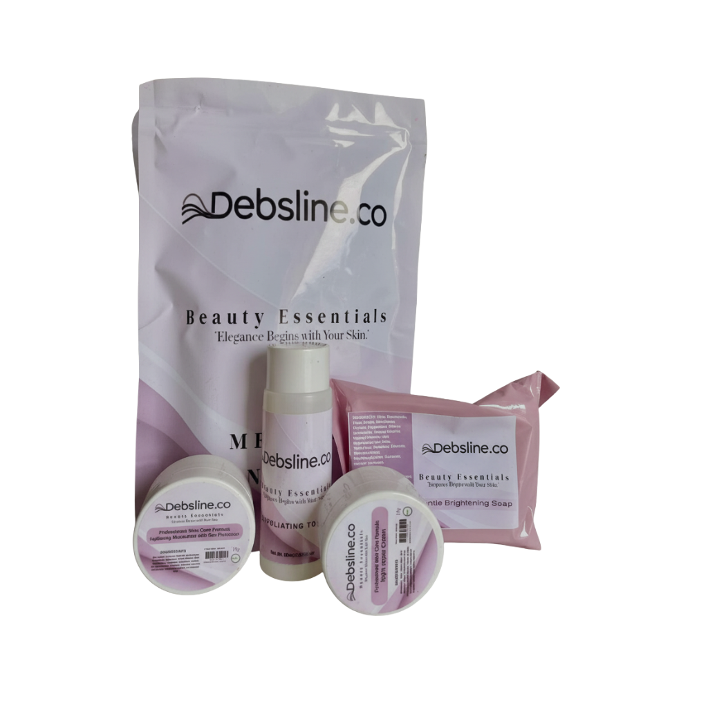 Debsline.co beauty products including a bag, bottles, and containers on a white background