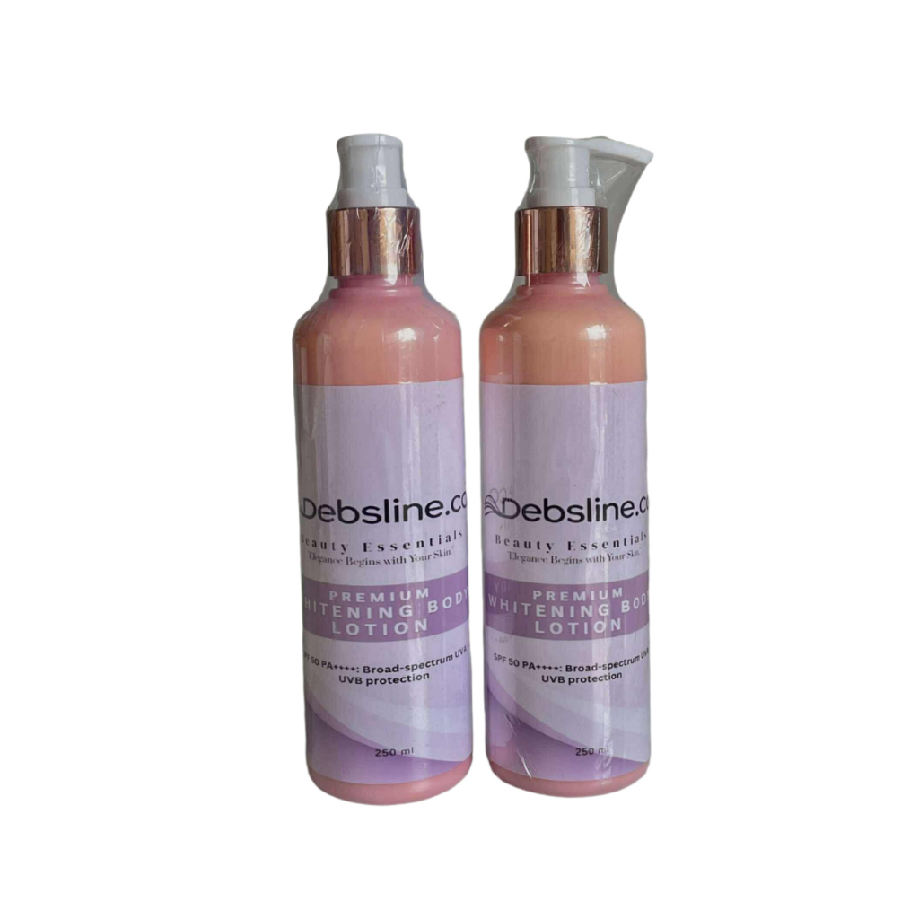 Two bottles of Debsline body lotion on a white background