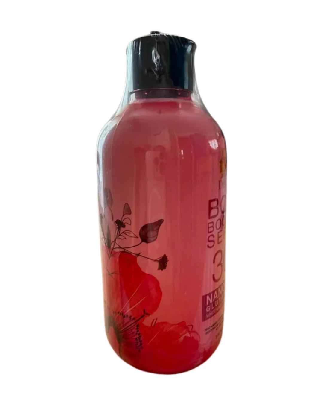 Red bottle with black cap on a white background