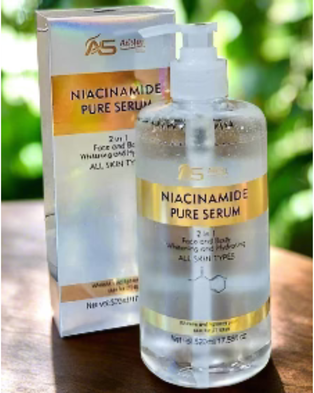 Niacinamide pure serum bottle and packaging on a wooden surface with greenery in the background