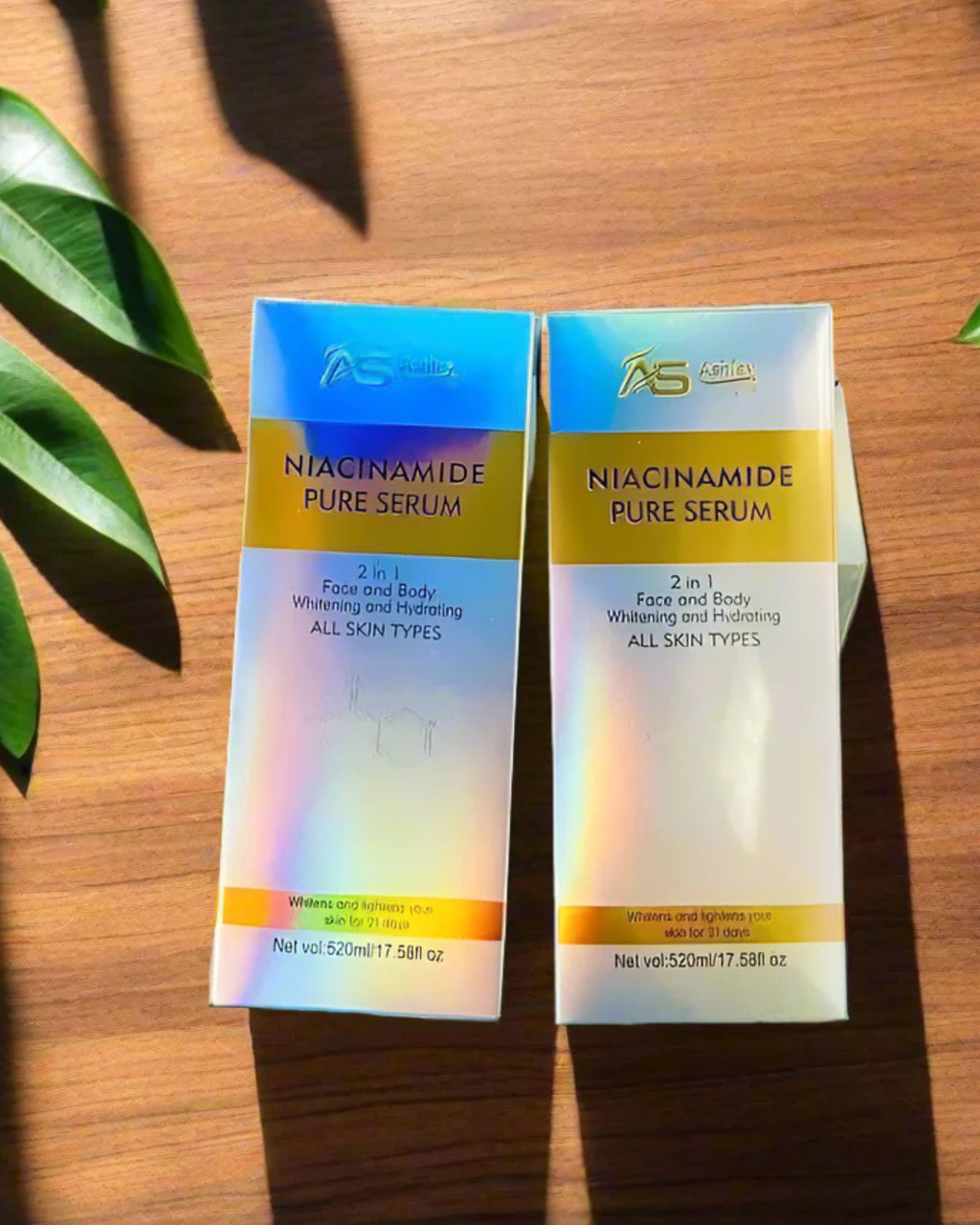 Niacinamide pure serum packaging on a wooden surface with a plant leaf in the background