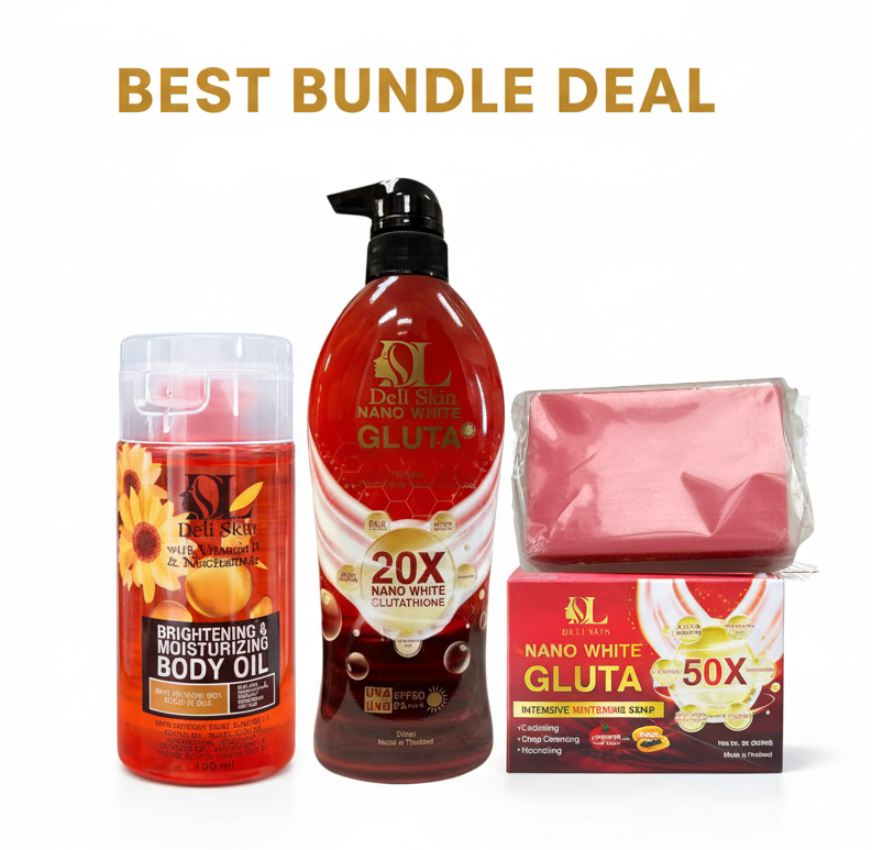 Bundle deal with body oil, shampoo, and soap on a white background