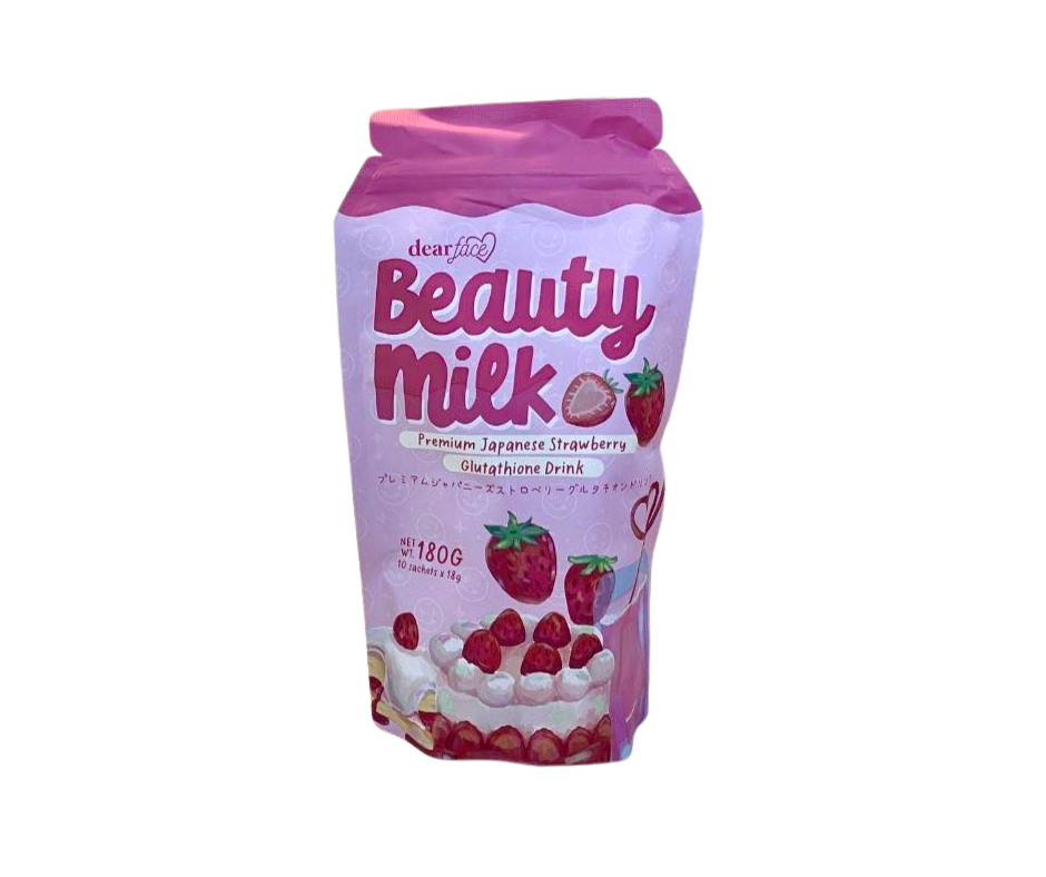 Beauty Milk packaging with pink lid and strawberry design on a white background