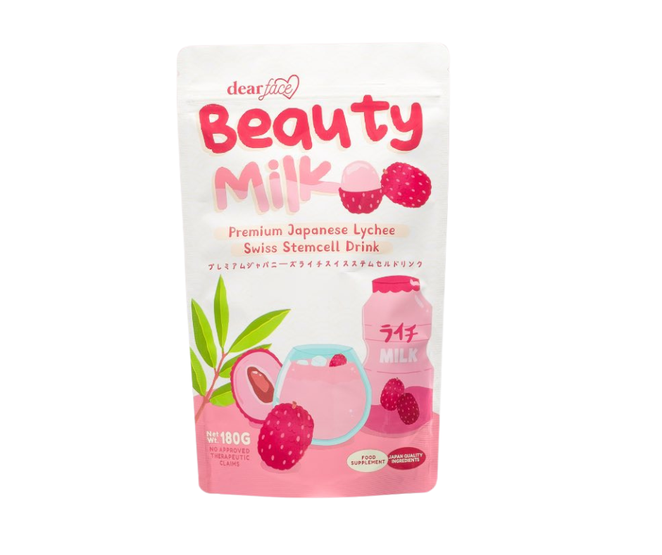 Beauty Milk packaging with pink and white design on a white background