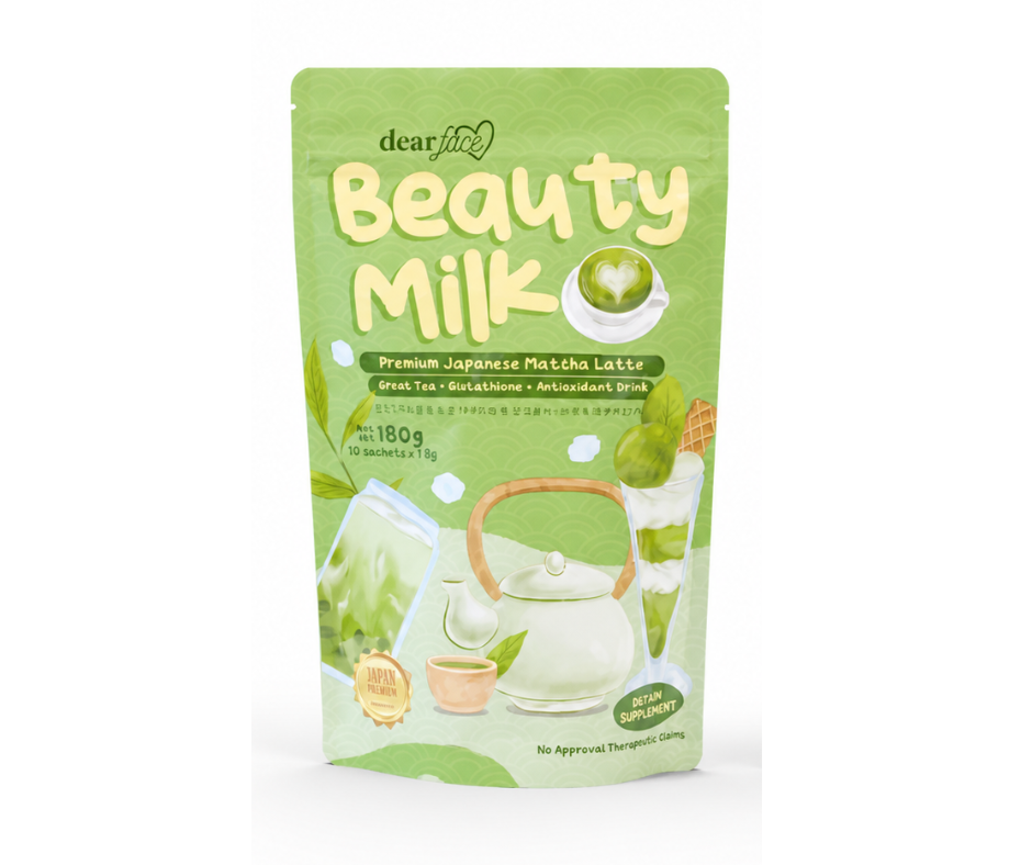 Green package of Beauty Milk Premium Japanese Matcha Latte on a white background