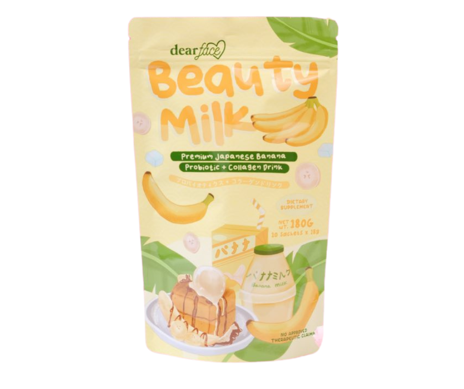 Packaging of 'Beauty Milk' with banana illustration on a white background