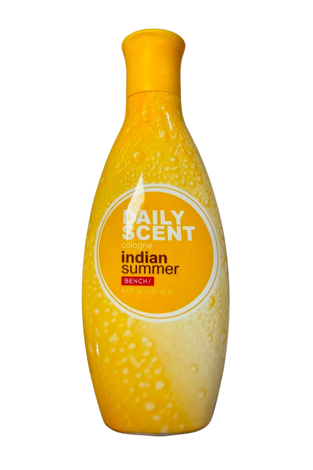 A yellow plastic bottle of Daily Scent Cologne in the Indian Summer scent, featuring a white circular label with red and black text, set against a plain white background.