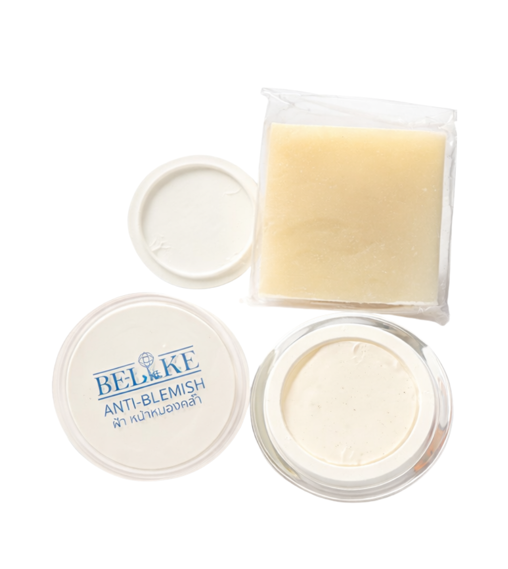 BELiKE Anti-Blemish treatment shown with its clear plastic packaging, a round white lid printed with the brand name, and two open jars containing a pale cream-colored blemish treatment gel.