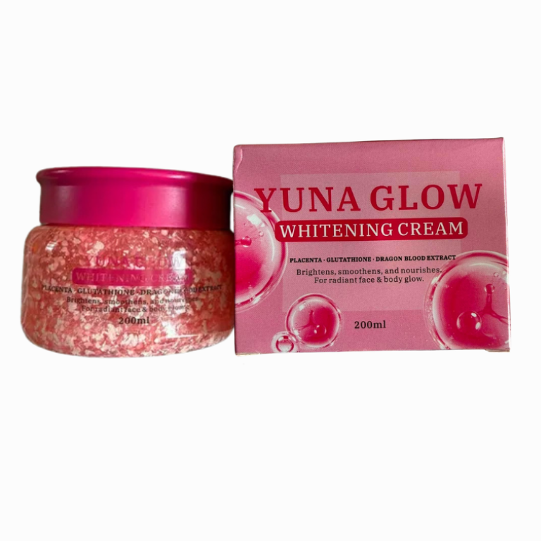 A jar of Yuna Glow Whitening Cream next to its pink packaging box, featuring a bright pink lid and graphics of pink gummy bubbles on a white background.