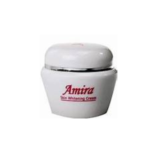 A white cosmetic jar of Amira Skin Whitening Cream with red lettering, set against a plain white background.