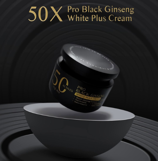 A black cosmetic jar labeled '50X Pro Black Ginseng White Plus Cream' floating above a white bowl on a dark circular studio background, with gold text at the top.