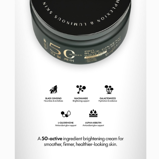A close-up of a black cosmetic jar labeled '50+' with text below describing a brightening cream, accompanied by small black ingredient icons and copy on a white background.