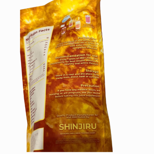 ShinJiru Red Lava drink sachets and pouch with lychee acai berry and mangosteen flavour