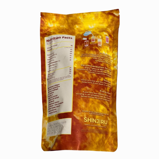 Nutrition information and product details on ShinJiru Red Lava drink sachet pouch