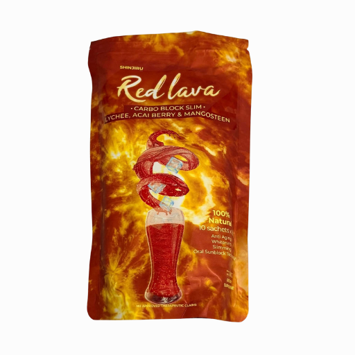 Back of ShinJiru Red Lava lychee acai berry and mangosteen food supplement pouch