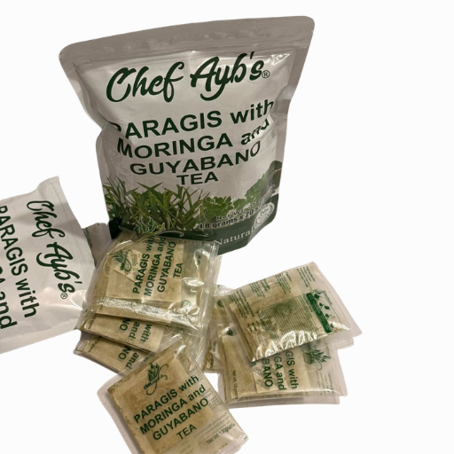 Front of Chef Ayb's Paragis with Moringa and Guyabano Tea pouch with 20 sachets