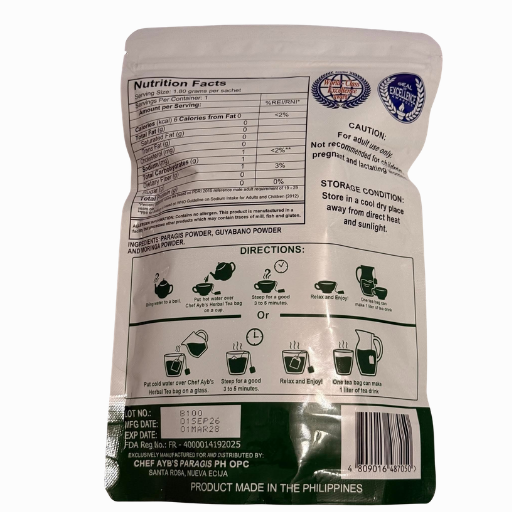 Back of Chef Ayb's Paragis with Moringa and Guyabano Tea packaging showing preparation and storage details