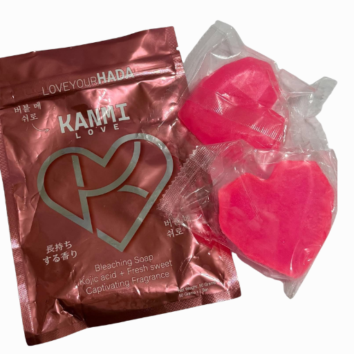 KAMMI Love Bar heart-shaped soaps beside the product pouch