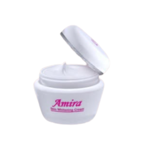 A white cosmetic jar of Amira Skin Whitening Cream with its lid open, showing the white cream inside, on a plain white background.