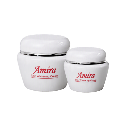 Two white cosmetic jars with white lids, labeled 'Amira Skin Whitening Cream' in red text, shown on a plain white background.