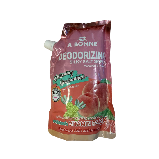 A Bonne Deodorizing Silky Salt Soap in Wasabi & Peach flavor, shown in a flexible stand-up pouch with a white spout cap on a plain white background.