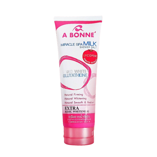 A tube of A Bonne Miracle Spa Milk Shower Gel on a plain white background. The packaging features pink and white graphics with text indicating it is 'Hand White Glutathione' and 'Extra Kojic Whitening'.